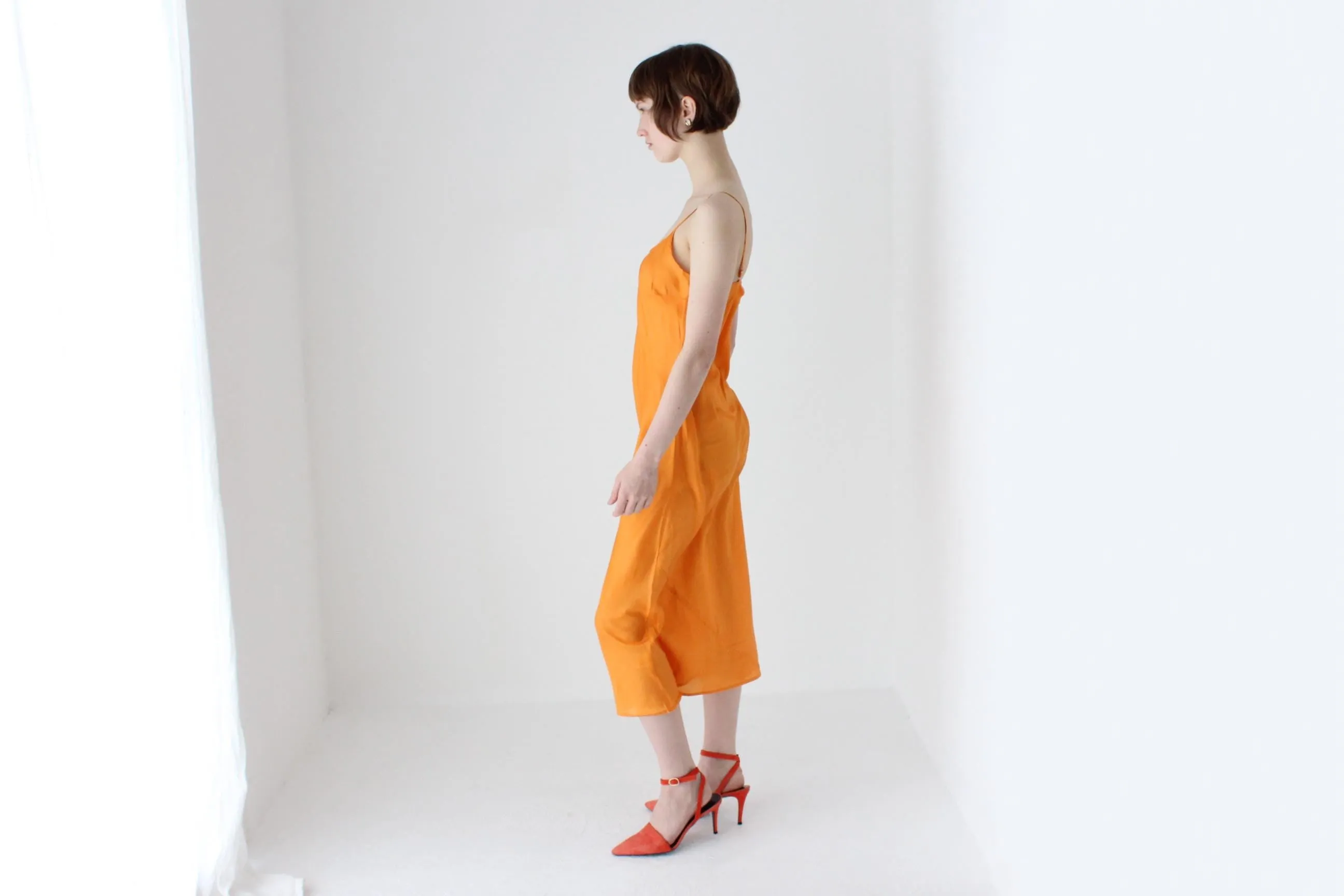 90s Pure Silk Bias Cut Spaghetti Strap Slip Dress in Mandarin