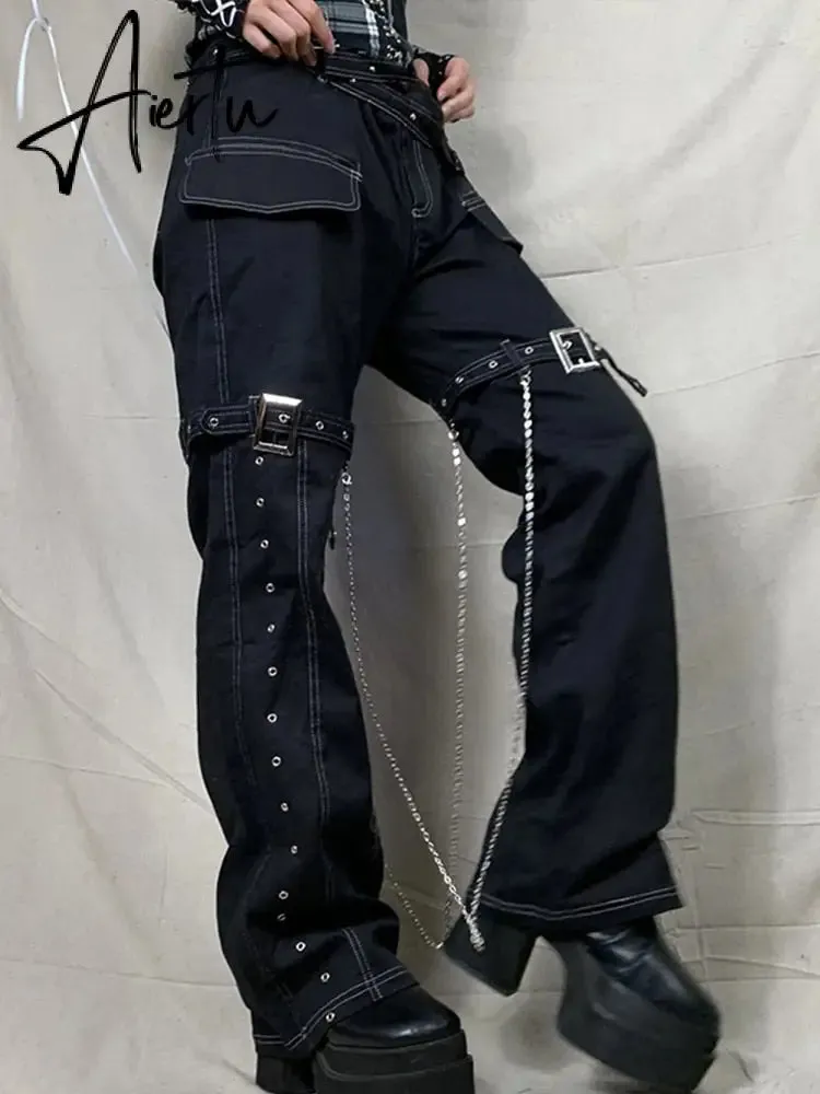 Aiertu Emo Punk Chain Pants Black Denim Woman Gothic Alt Clothes Y2k Streetwear Vintage Straight Pants Pockets High Waist Trousers