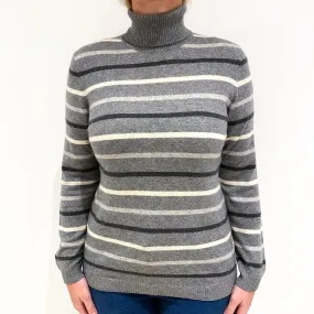 Ash Grey Stripe Cashmere Polo Neck Jumper Large