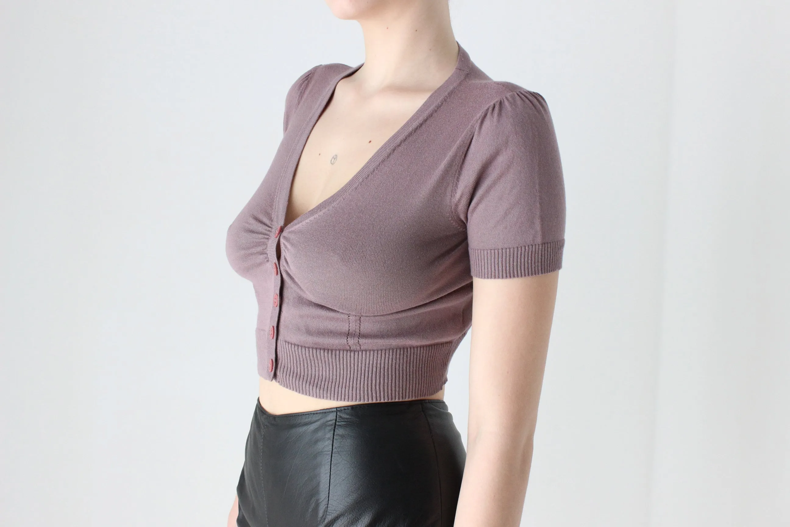 BALLETCORE Y2K Mauve Button Front Knit Crop by Cue