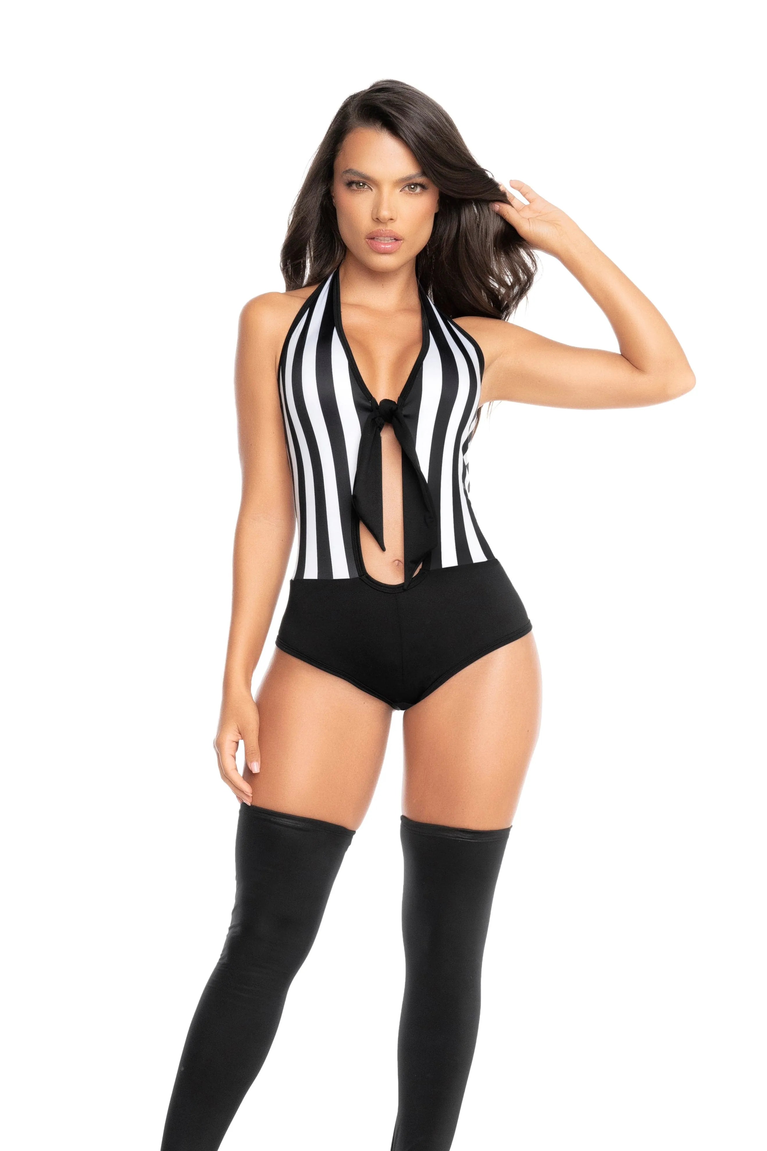 Black & White Stripe Referee Halter Bodysuit Teddy Costume Lingerie