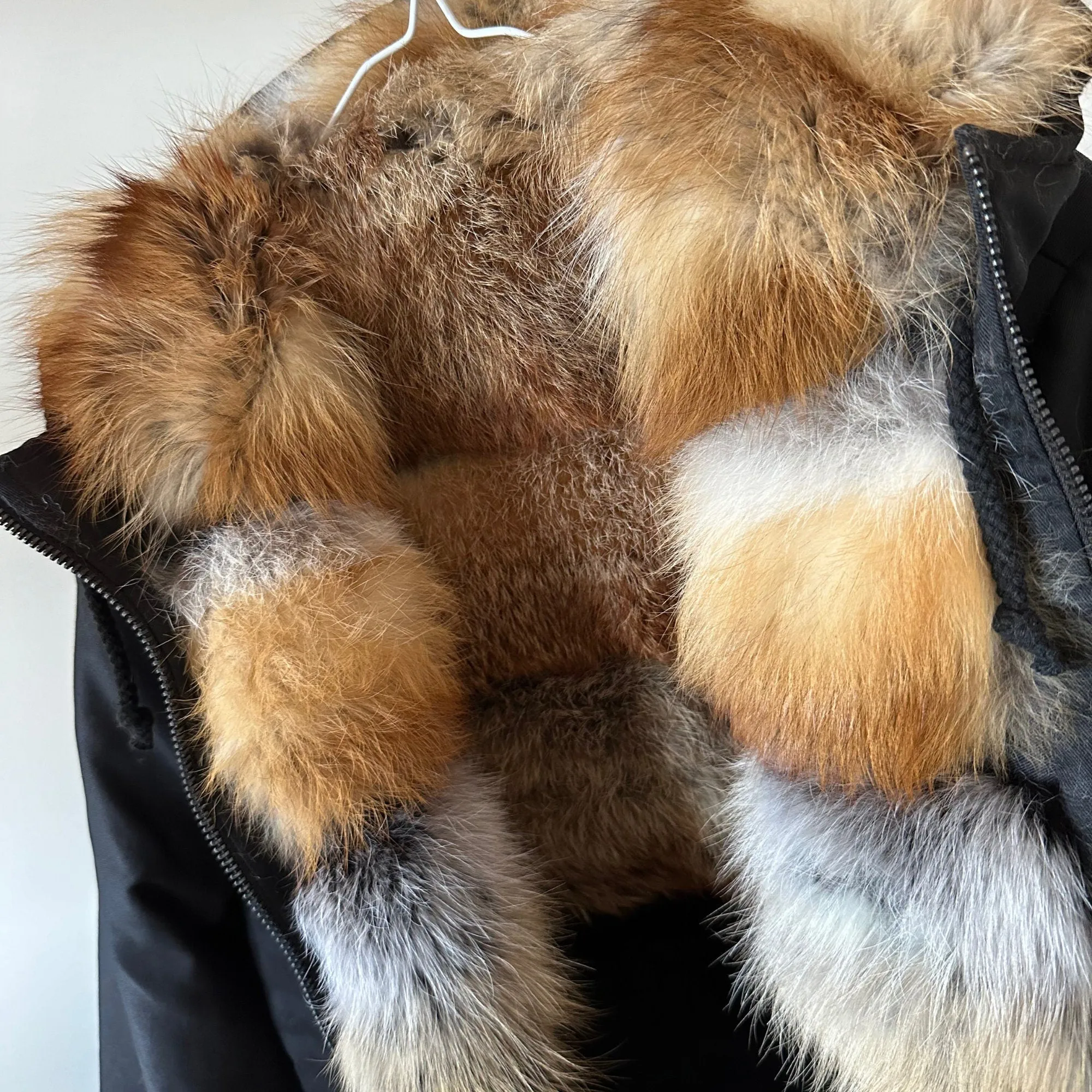 Black Men's Reversible Fur Parka Bomber Jacket with Hood - Durable Twill and Natural Fox Fur