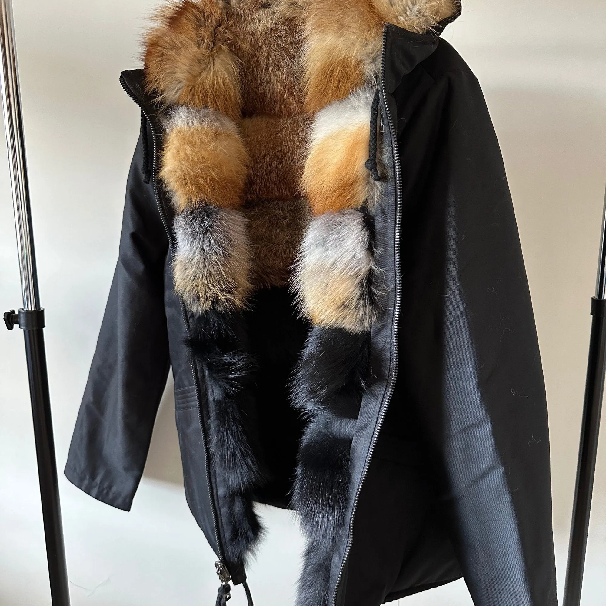 Black Men's Reversible Fur Parka Bomber Jacket with Hood - Durable Twill and Natural Fox Fur