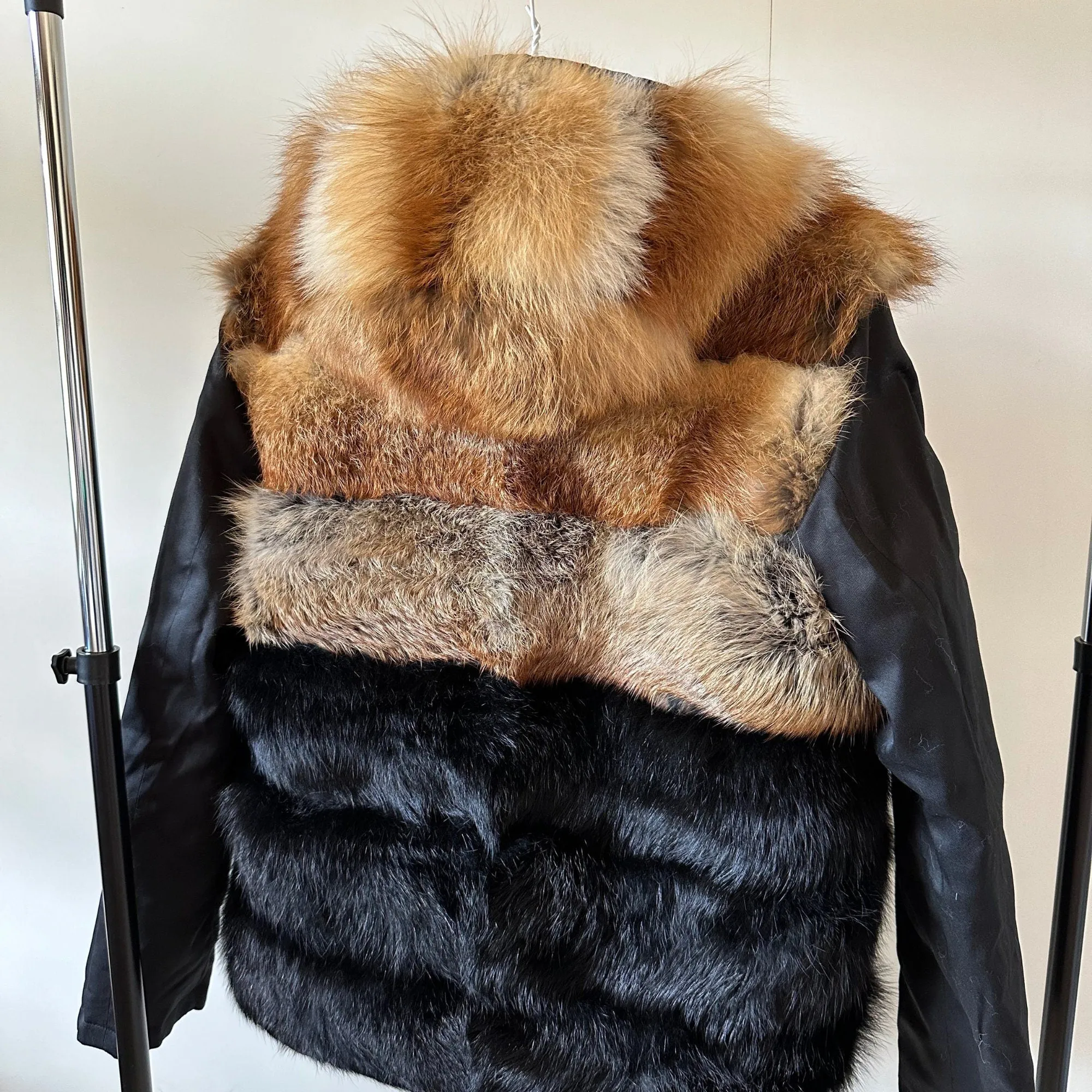 Black Men's Reversible Fur Parka Bomber Jacket with Hood - Durable Twill and Natural Fox Fur