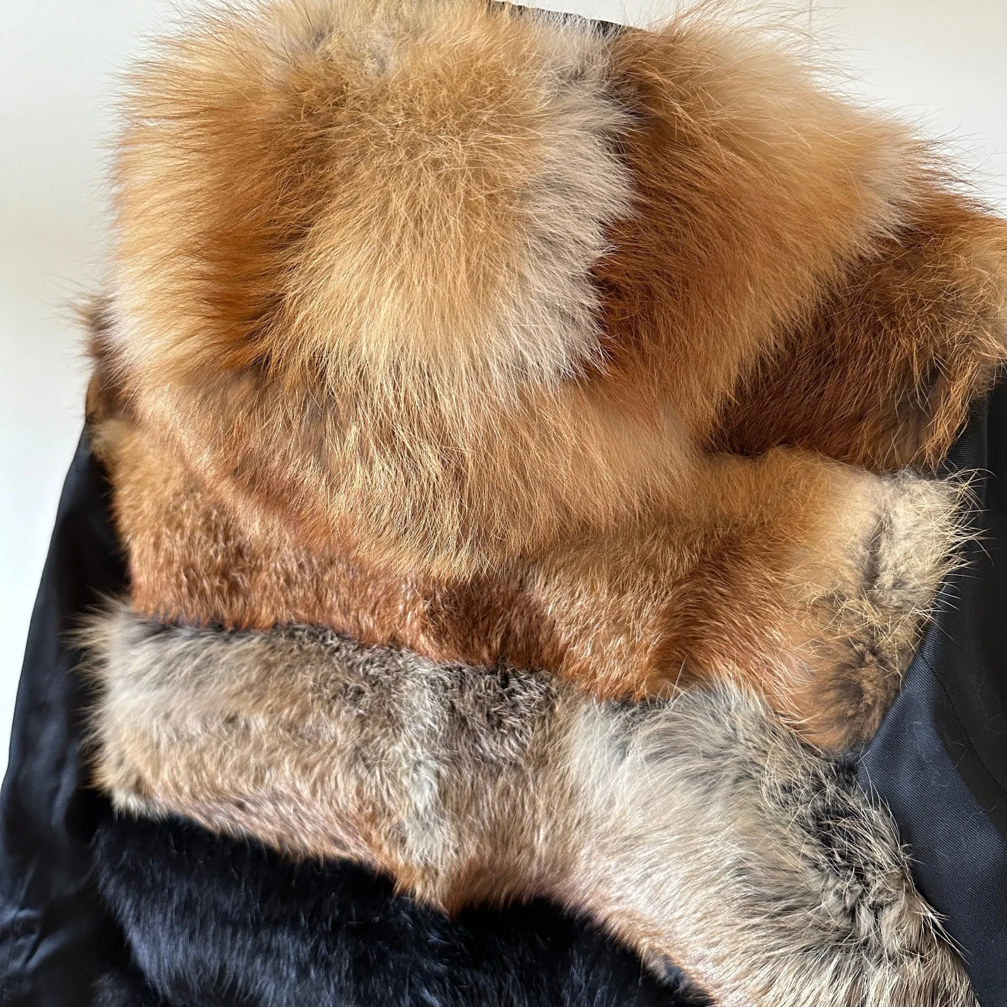 Black Men's Reversible Fur Parka Bomber Jacket with Hood - Durable Twill and Natural Fox Fur