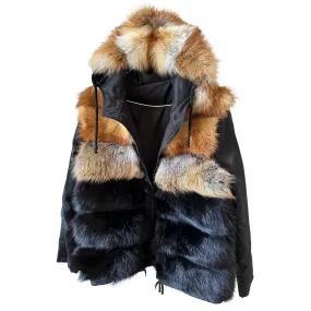Black Men's Reversible Fur Parka Bomber Jacket with Hood - Durable Twill and Natural Fox Fur
