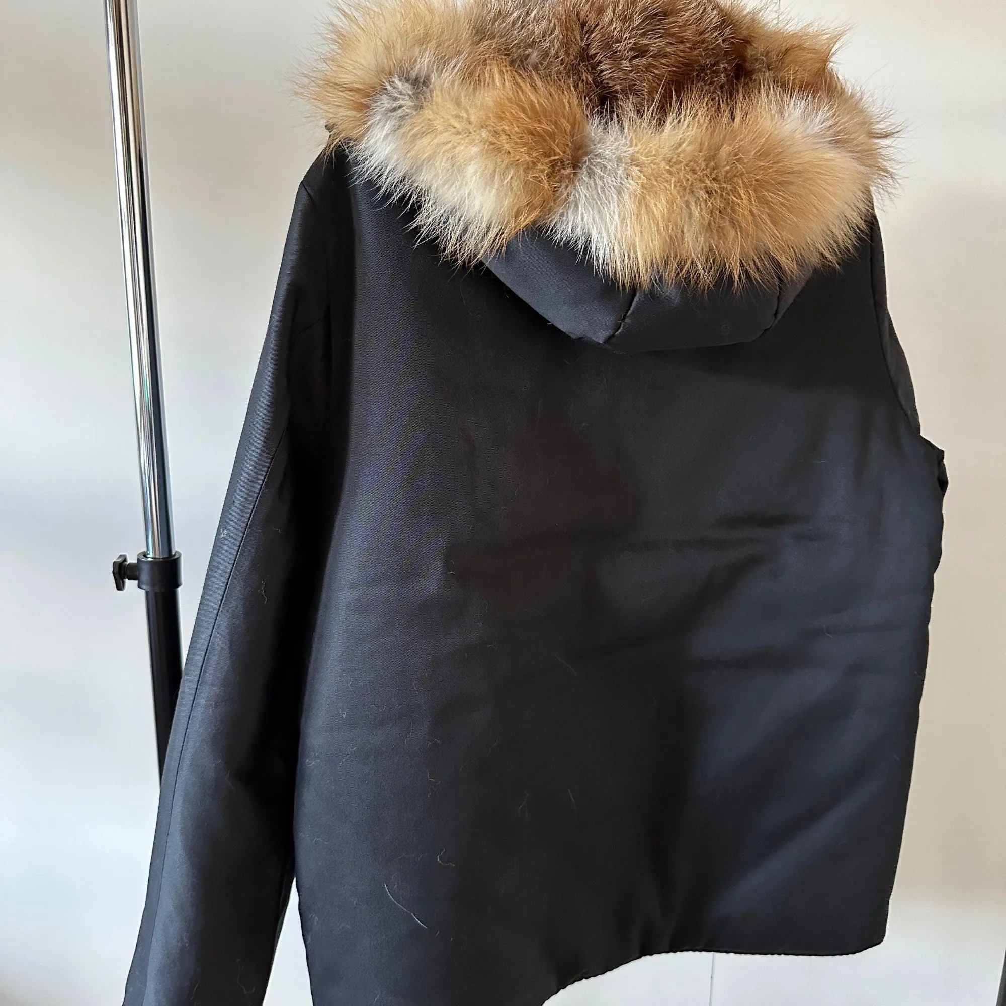 Black Men's Reversible Fur Parka Bomber Jacket with Hood - Durable Twill and Natural Fox Fur