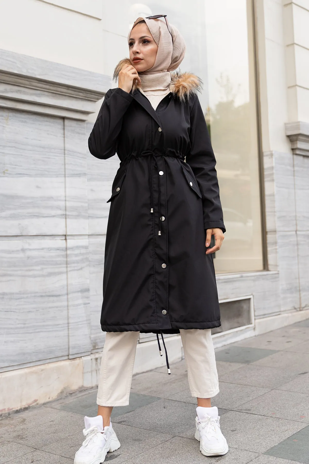 BNG Women Black Fur Collar Plush Bonded Coat - Clermont