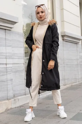 BNG Women Black Fur Collar Plush Bonded Coat - Clermont
