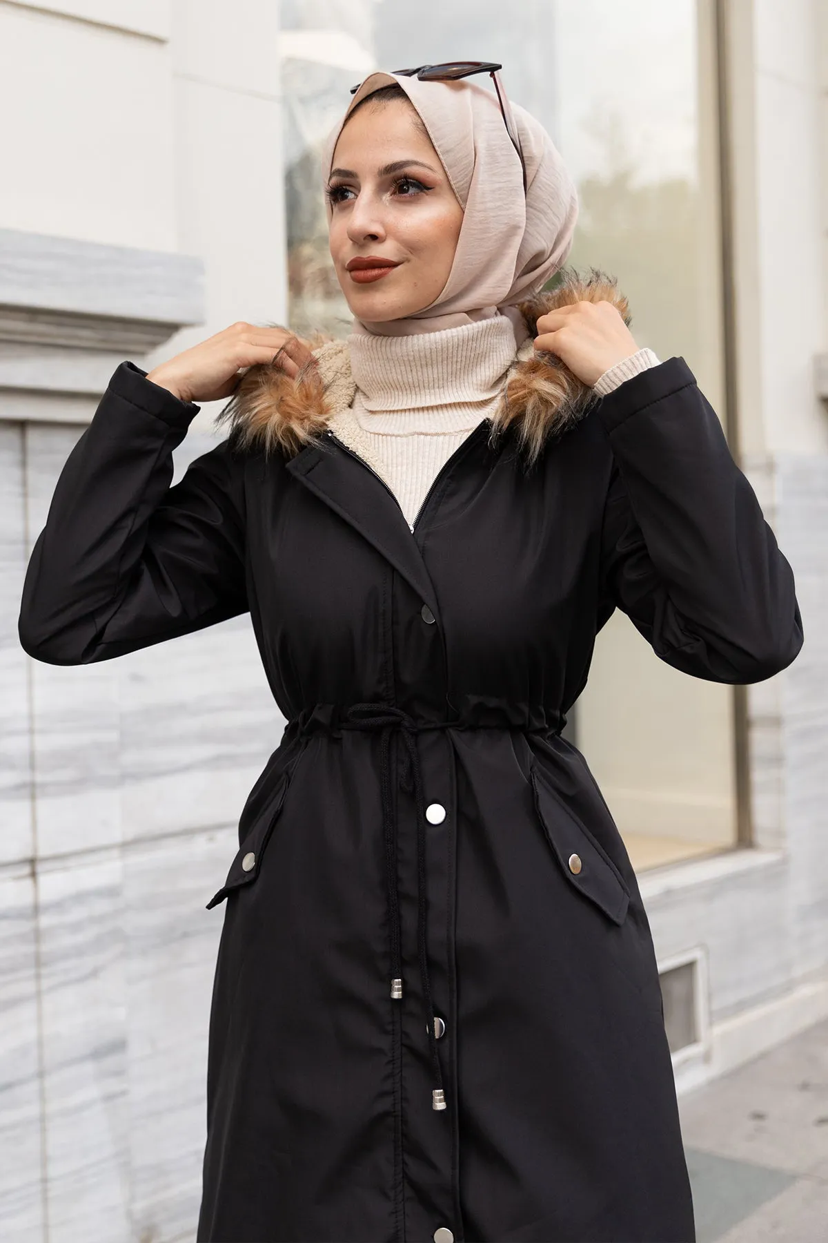 BNG Women Black Fur Collar Plush Bonded Coat - Clermont
