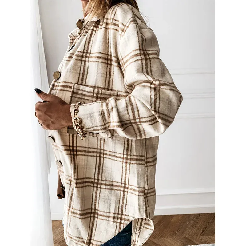 Checked Printing Shirt Women's Clothing 2023 Autumn and Winter New Turn-down Collar Loose Medium Long Woolen Open Stitch Coat