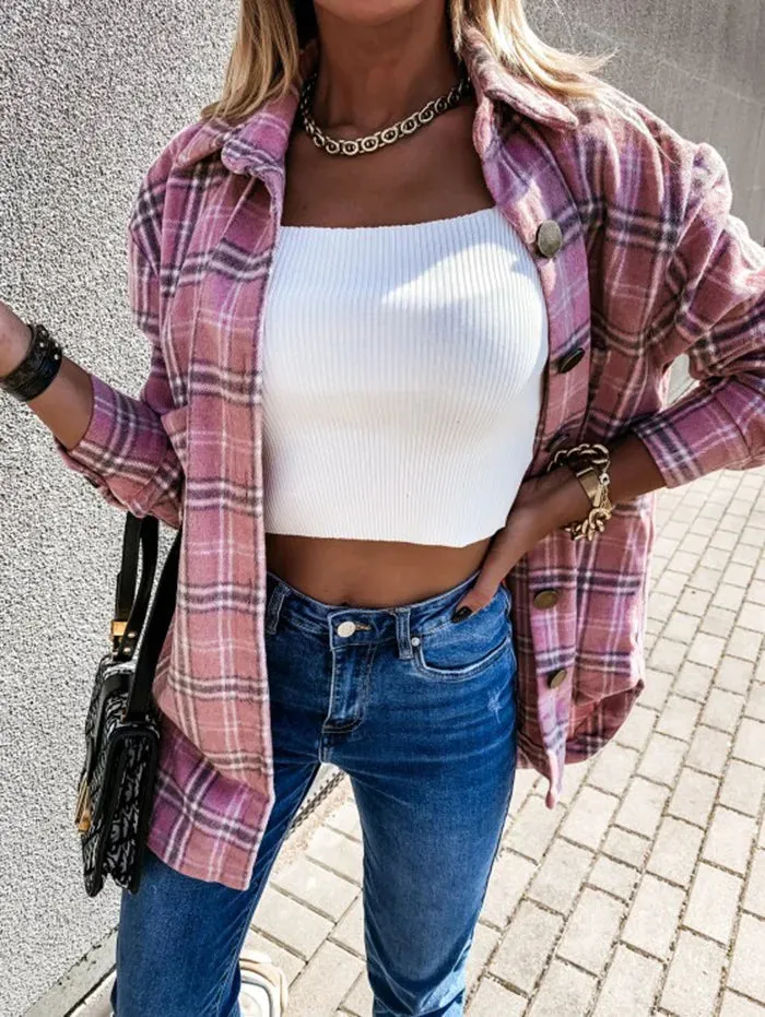 Checked Printing Shirt Women's Clothing 2023 Autumn and Winter New Turn-down Collar Loose Medium Long Woolen Open Stitch Coat