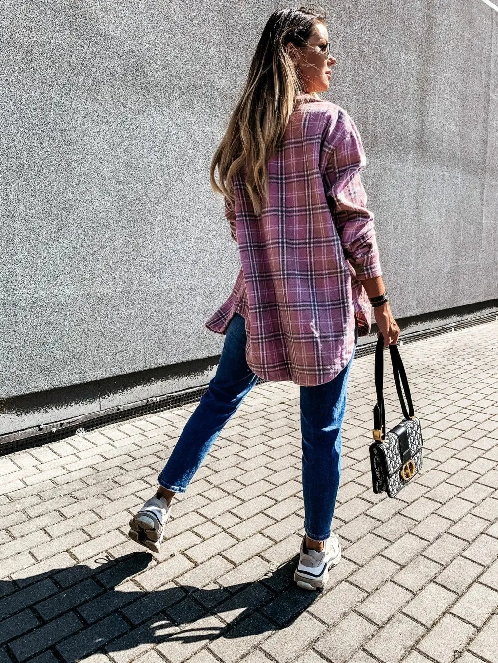 Checked Printing Shirt Women's Clothing 2023 Autumn and Winter New Turn-down Collar Loose Medium Long Woolen Open Stitch Coat