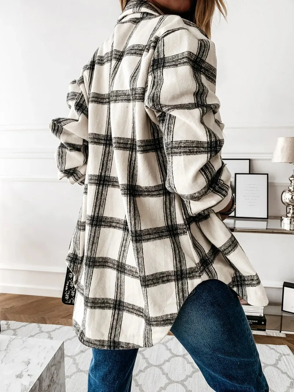 Checked Printing Shirt Women's Clothing 2023 Autumn and Winter New Turn-down Collar Loose Medium Long Woolen Open Stitch Coat