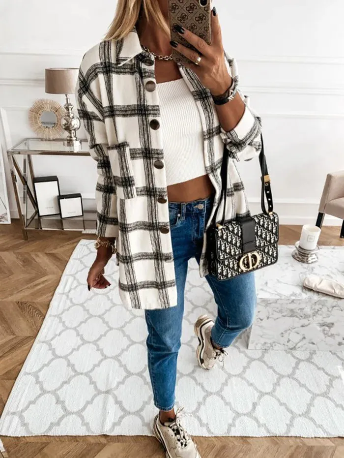 Checked Printing Shirt Women's Clothing 2023 Autumn and Winter New Turn-down Collar Loose Medium Long Woolen Open Stitch Coat
