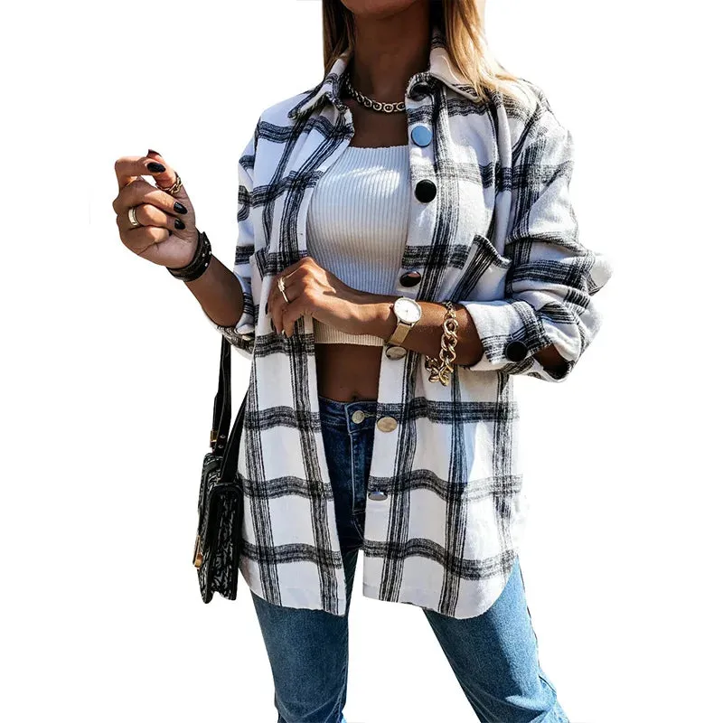 Checked Printing Shirt Women's Clothing 2023 Autumn and Winter New Turn-down Collar Loose Medium Long Woolen Open Stitch Coat