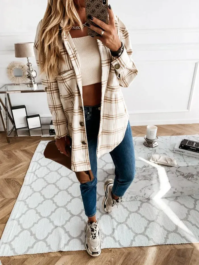 Checked Printing Shirt Women's Clothing 2023 Autumn and Winter New Turn-down Collar Loose Medium Long Woolen Open Stitch Coat