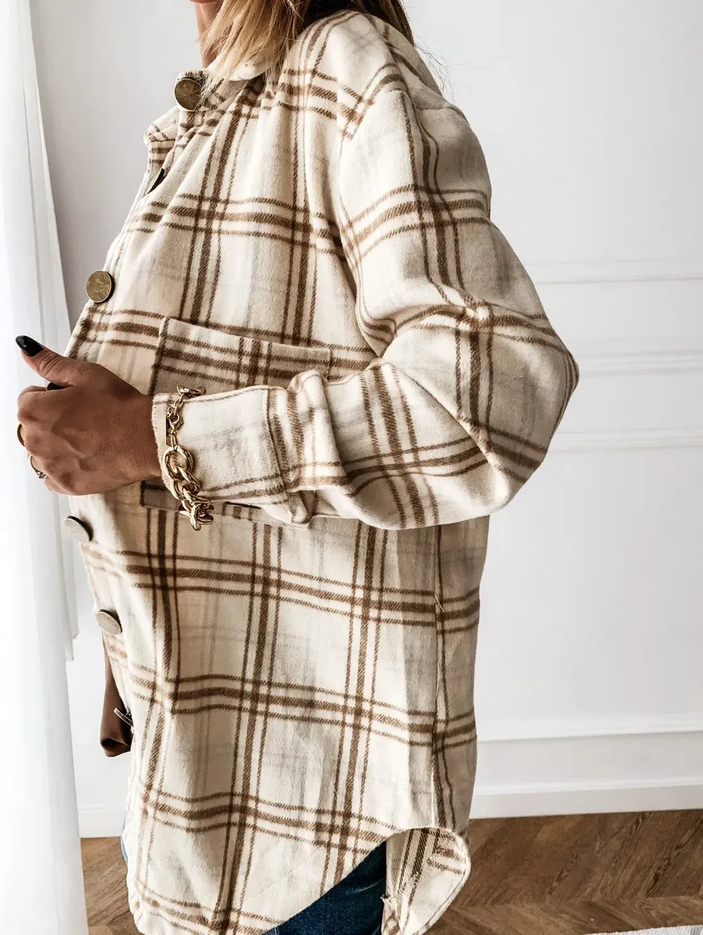Checked Printing Shirt Women's Clothing 2023 Autumn and Winter New Turn-down Collar Loose Medium Long Woolen Open Stitch Coat