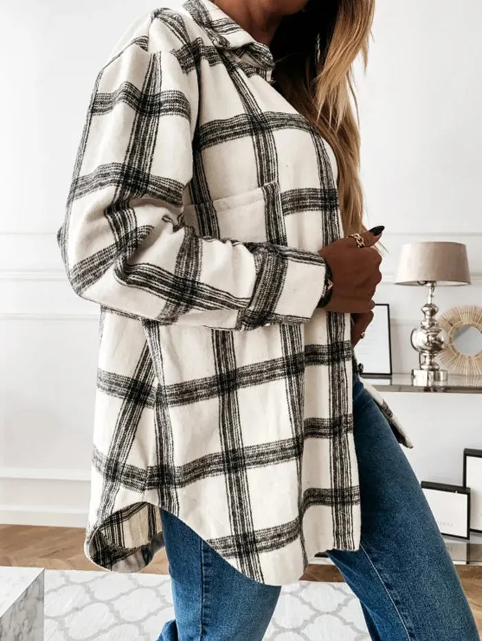 Checked Printing Shirt Women's Clothing 2023 Autumn and Winter New Turn-down Collar Loose Medium Long Woolen Open Stitch Coat