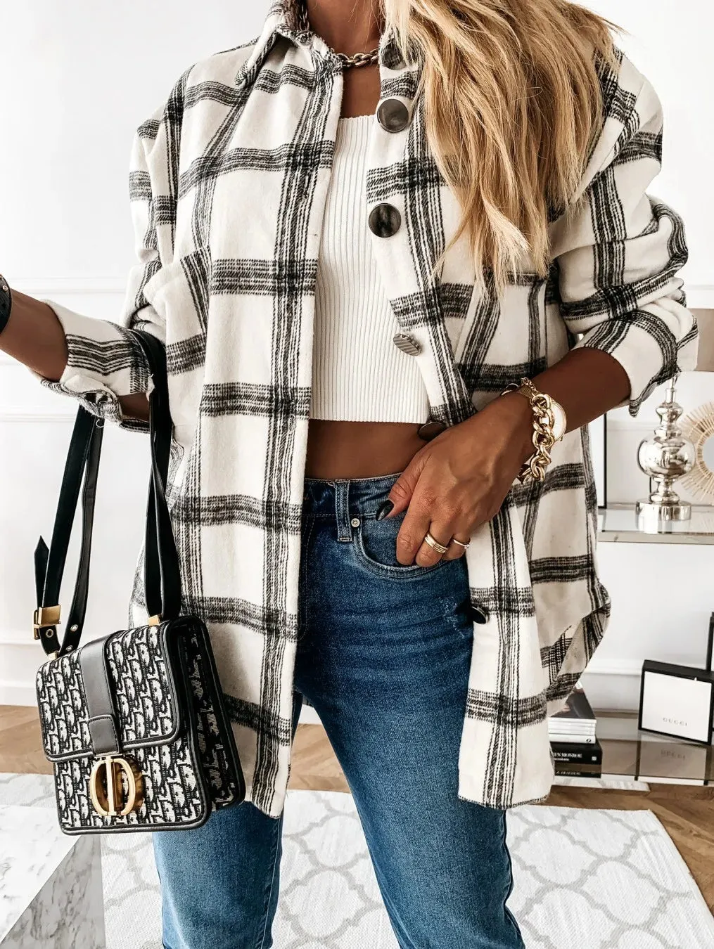 Checked Printing Shirt Women's Clothing 2023 Autumn and Winter New Turn-down Collar Loose Medium Long Woolen Open Stitch Coat