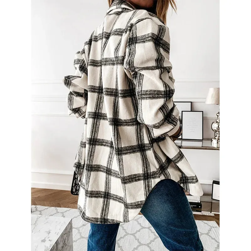 Checked Printing Shirt Women's Clothing 2023 Autumn and Winter New Turn-down Collar Loose Medium Long Woolen Open Stitch Coat