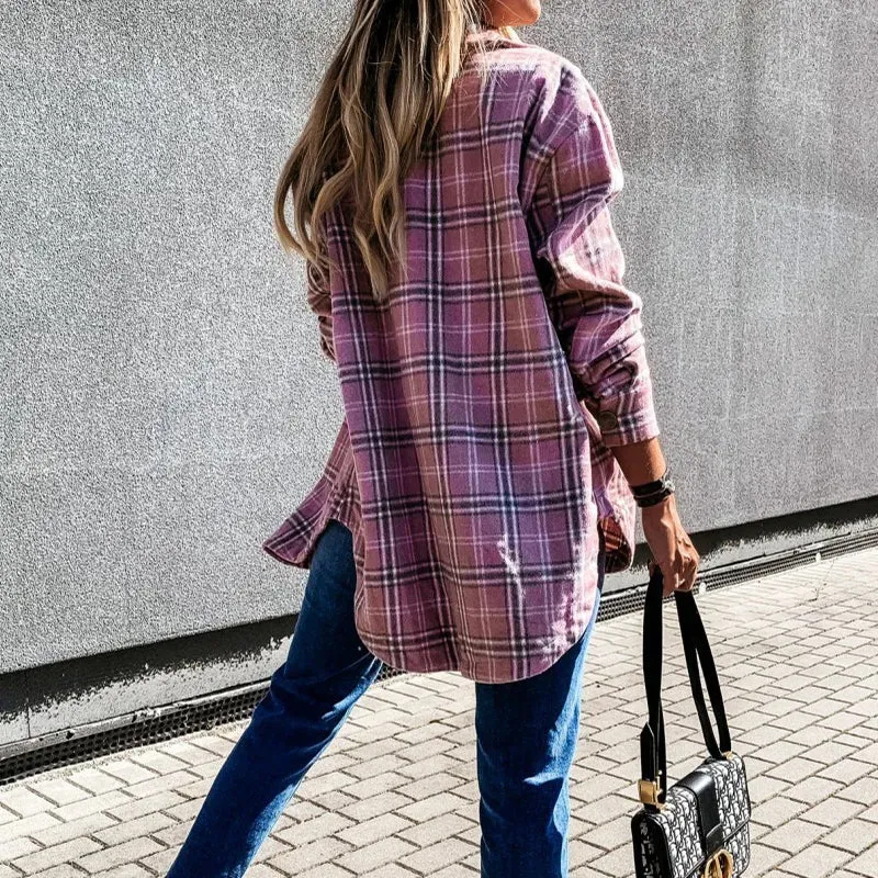 Checked Printing Shirt Women's Clothing 2023 Autumn and Winter New Turn-down Collar Loose Medium Long Woolen Open Stitch Coat