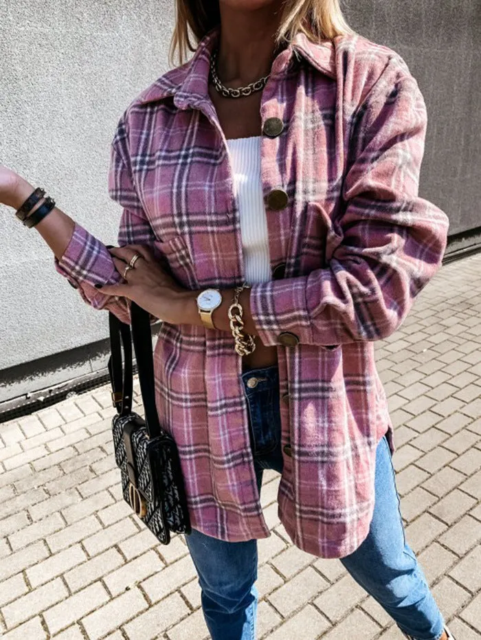 Checked Printing Shirt Women's Clothing 2023 Autumn and Winter New Turn-down Collar Loose Medium Long Woolen Open Stitch Coat