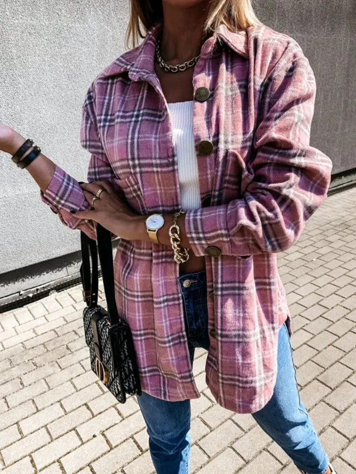 Checked Printing Shirt Women's Clothing 2023 Autumn and Winter New Turn-down Collar Loose Medium Long Woolen Open Stitch Coat