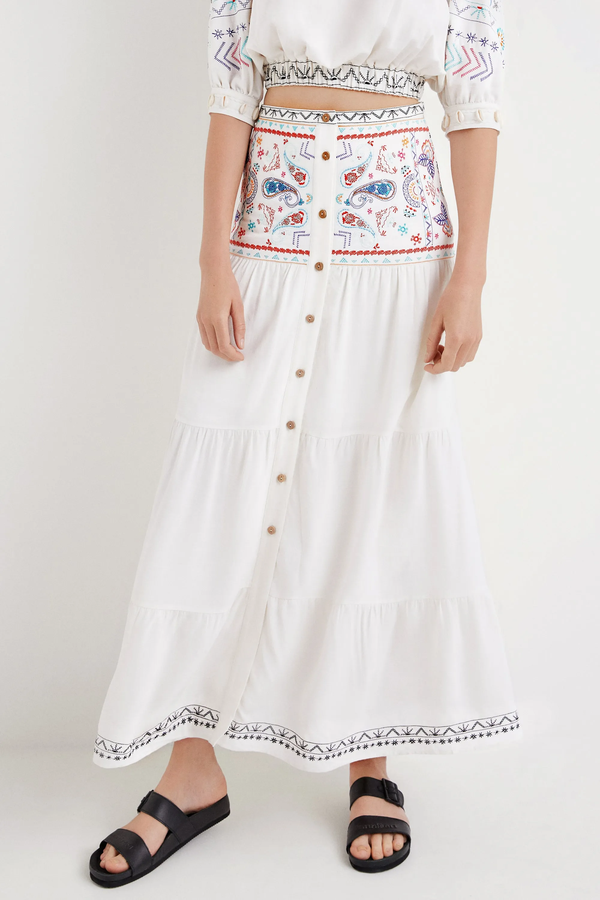 Desigual White Embroidered Maxi Boho Skirt 22SWFW02