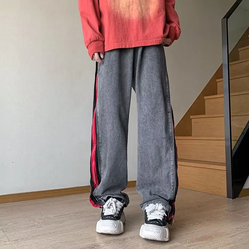 Double Zippers Washed Old Loose Jeans Men Harajuku Hip Hop New Fashion Casual Punk Oversized Wide Leg Trousers Streetwear