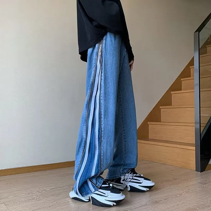 Double Zippers Washed Old Loose Jeans Men Harajuku Hip Hop New Fashion Casual Punk Oversized Wide Leg Trousers Streetwear
