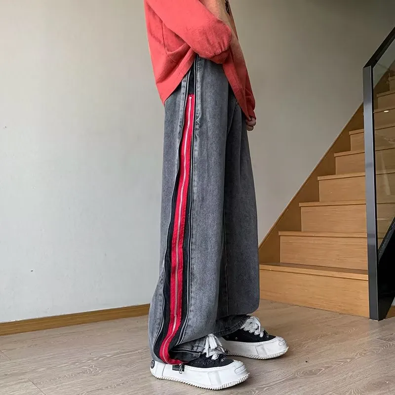 Double Zippers Washed Old Loose Jeans Men Harajuku Hip Hop New Fashion Casual Punk Oversized Wide Leg Trousers Streetwear