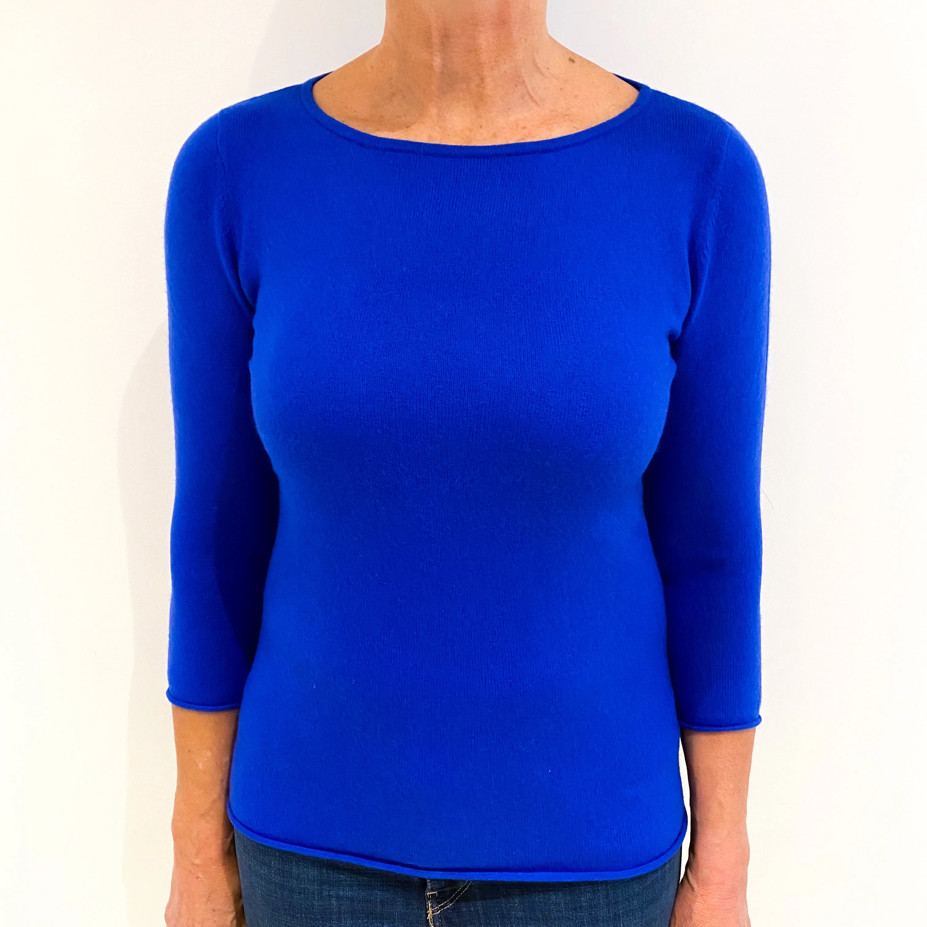 Electric Blue 3/4 Sleeve Cashmere Wide Crew Neck Jumper