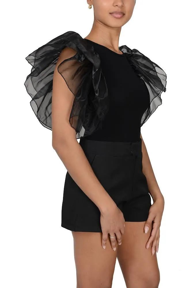 Fashion Black Ruffle Chic Bodysuit
