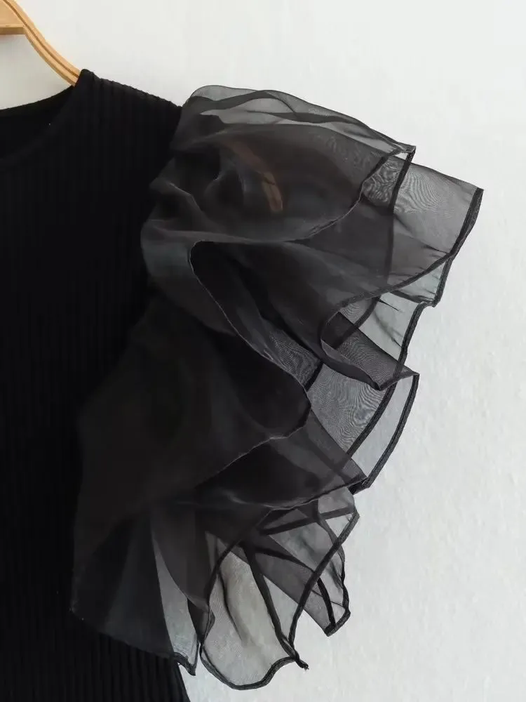 Fashion Black Ruffle Chic Bodysuit