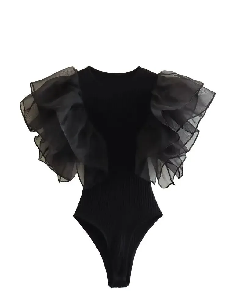 Fashion Black Ruffle Chic Bodysuit