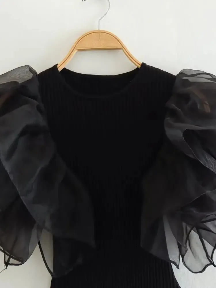Fashion Black Ruffle Chic Bodysuit