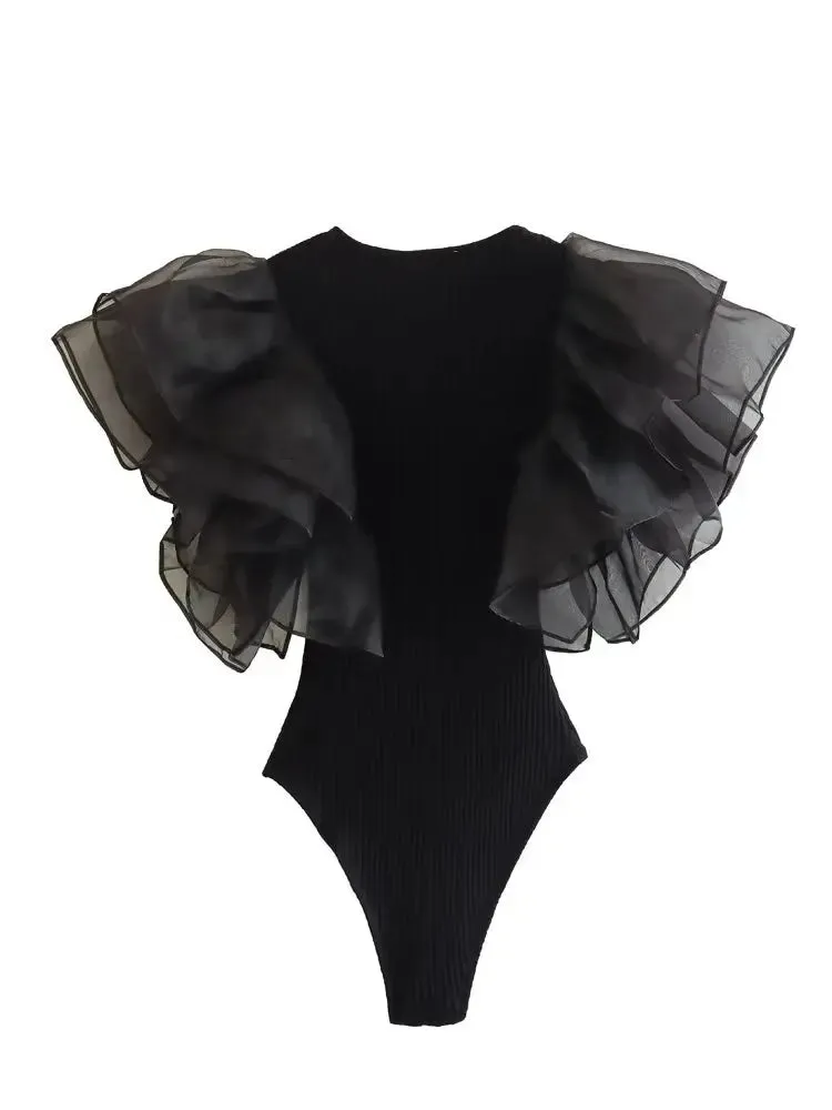 Fashion Black Ruffle Chic Bodysuit