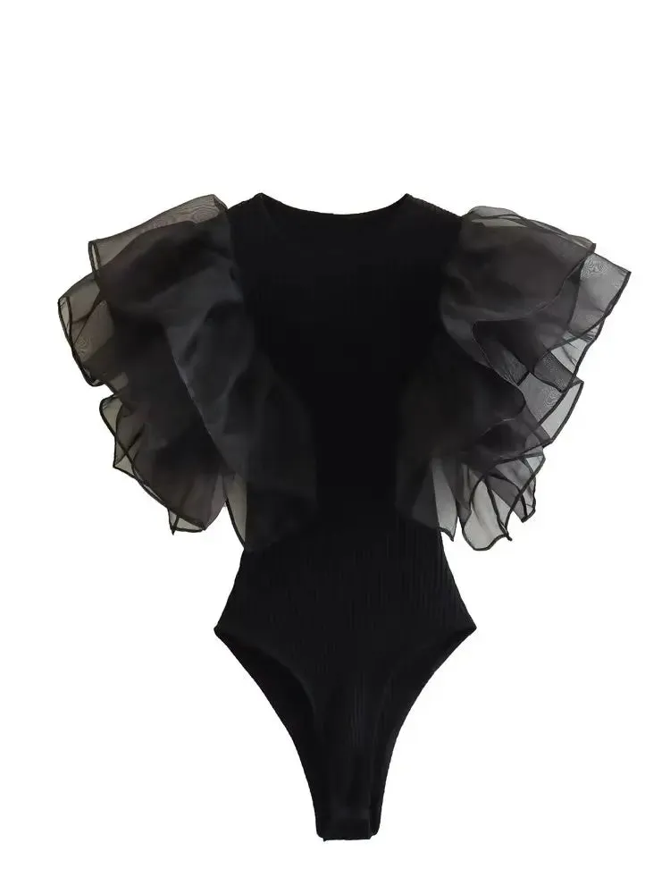Fashion Black Ruffle Chic Bodysuit