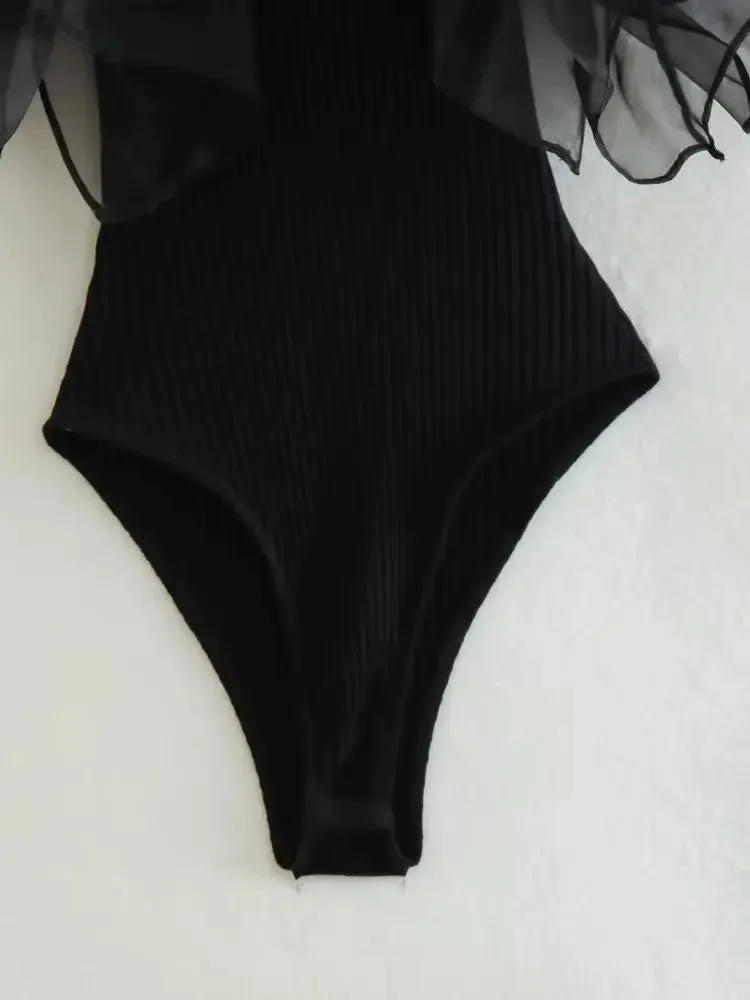Fashion Black Ruffle Chic Bodysuit