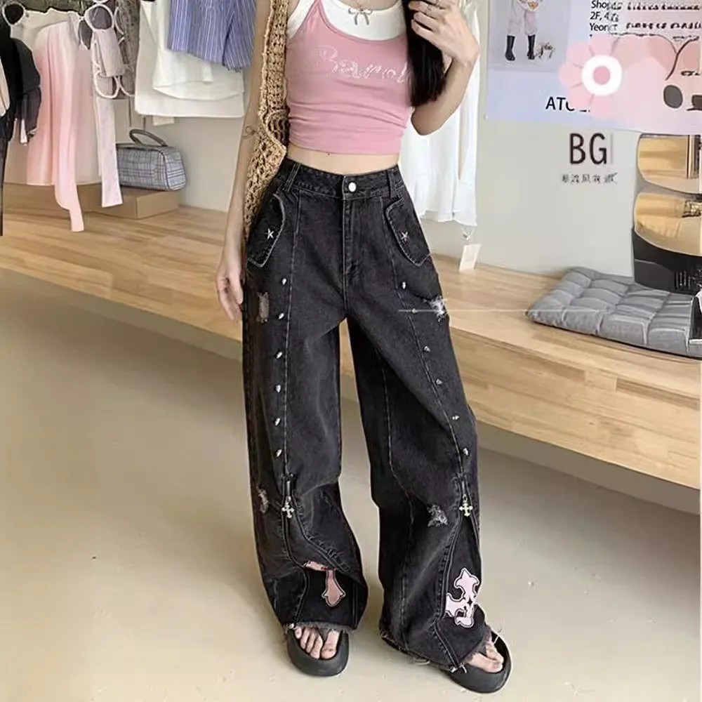 Fashionkova y2k outfits American Punk Sweet Cool High Waist Straight Jeans Women's Asian Culture New Slimming Loose Mop Long Pants