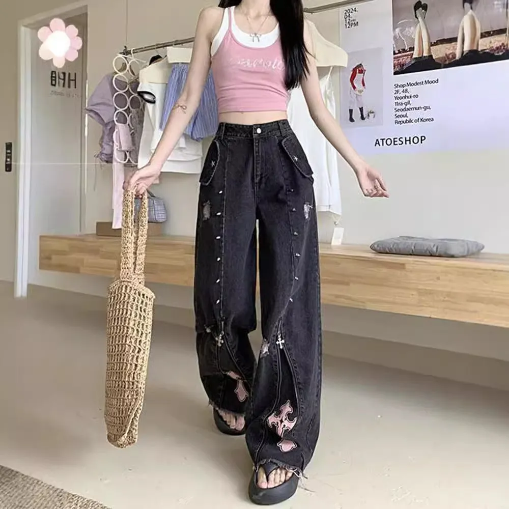 Fashionkova y2k outfits American Punk Sweet Cool High Waist Straight Jeans Women's Asian Culture New Slimming Loose Mop Long Pants