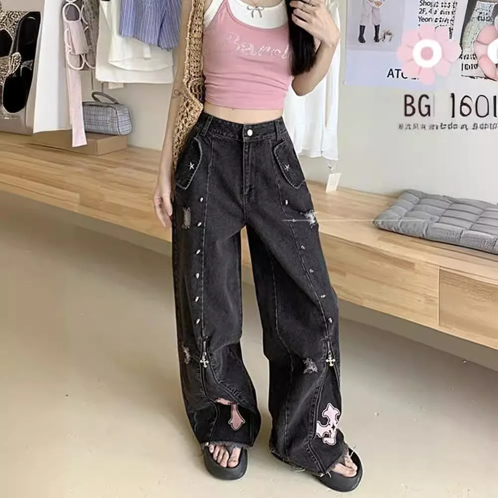 Fashionkova y2k outfits American Punk Sweet Cool High Waist Straight Jeans Women's Asian Culture New Slimming Loose Mop Long Pants