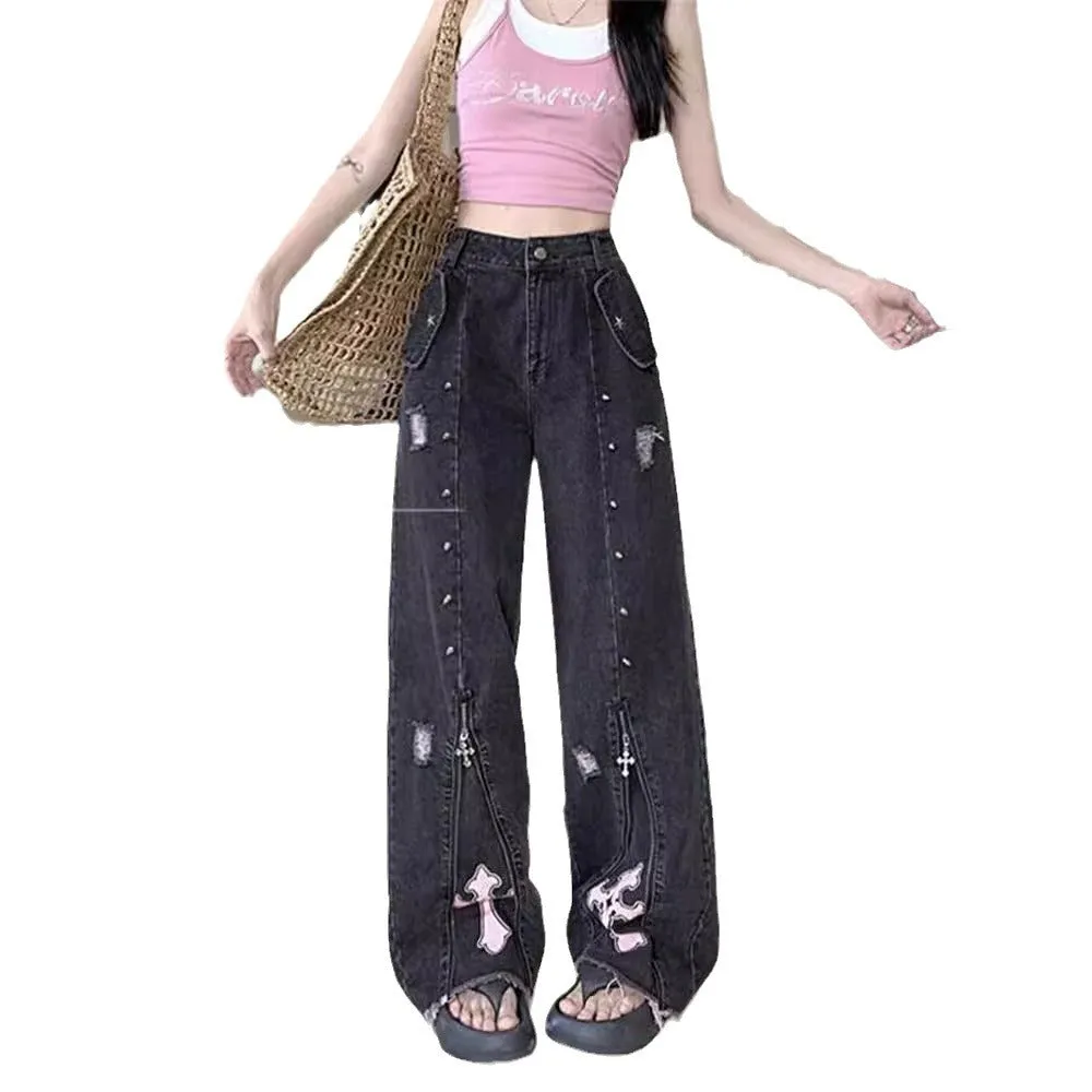 Fashionkova y2k outfits American Punk Sweet Cool High Waist Straight Jeans Women's Asian Culture New Slimming Loose Mop Long Pants