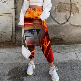 Flame Trousers Women Car Casual Pant Punk Rock High Waist Pants Women Sweatpants