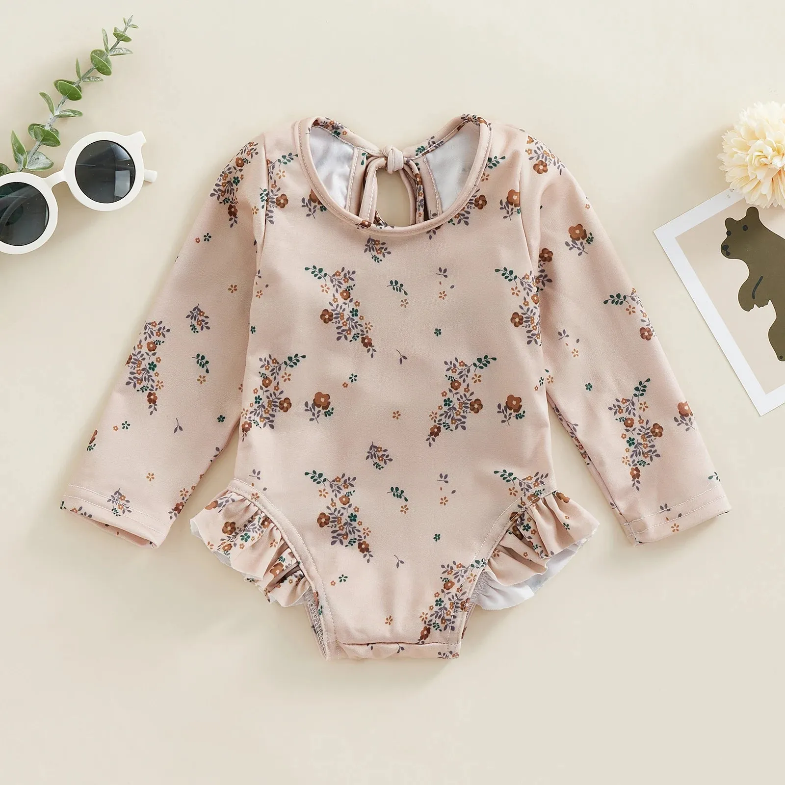 Floral Ruffle Backless Swim Bodysuit