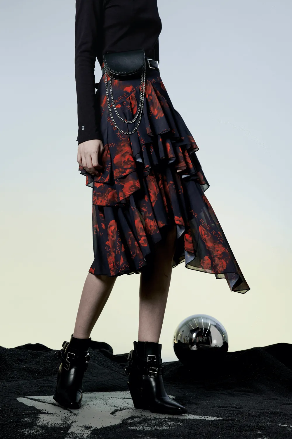Flowy Punk Rave High-Low Floral Layered Skirt