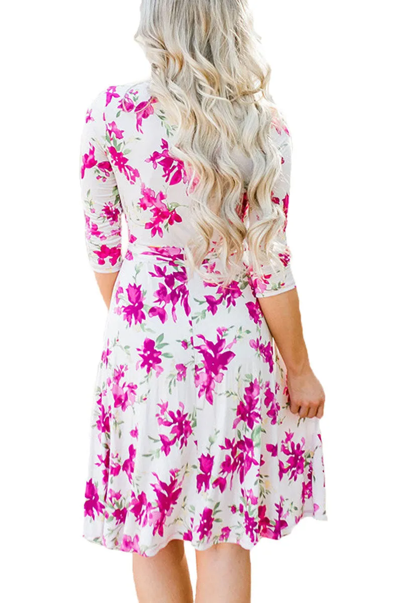 Fuchsia Blossom Print White Wrap Floral Dress
