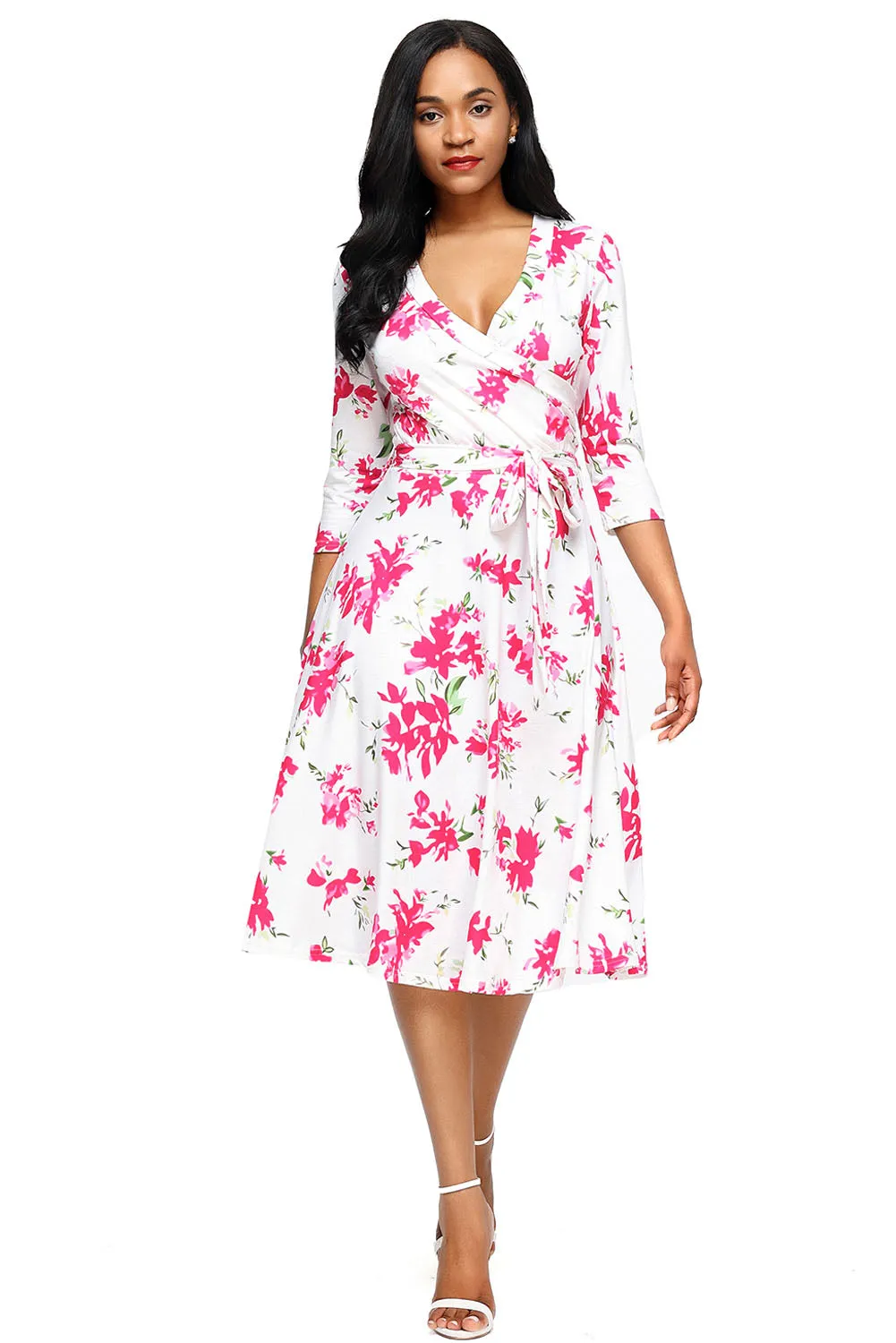 Fuchsia Blossom Print White Wrap Floral Dress