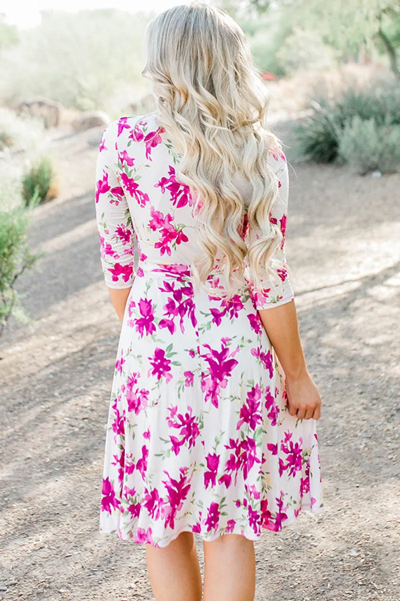 Fuchsia Blossom Print White Wrap Floral Dress